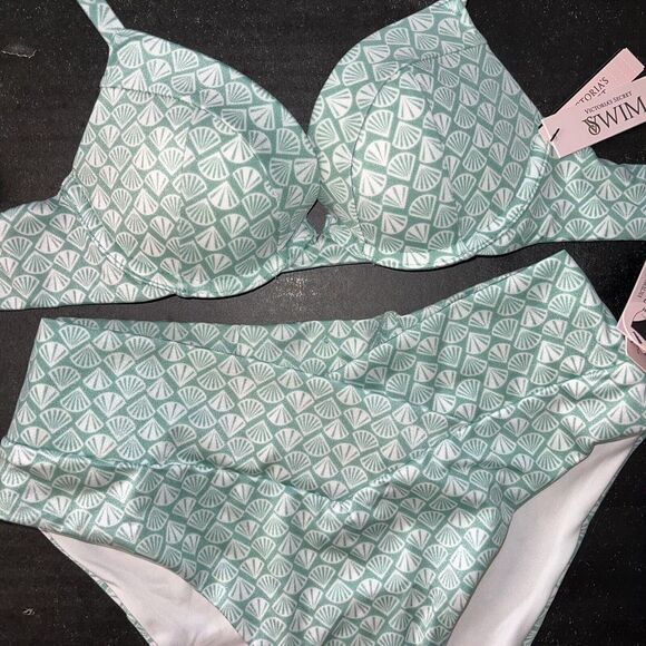 Victoria's Secret 32A BIKINI S high-Waist BOTTOM+COOLER BAG+HAT TEAL GREEN SHELL - Picture 2 of 8